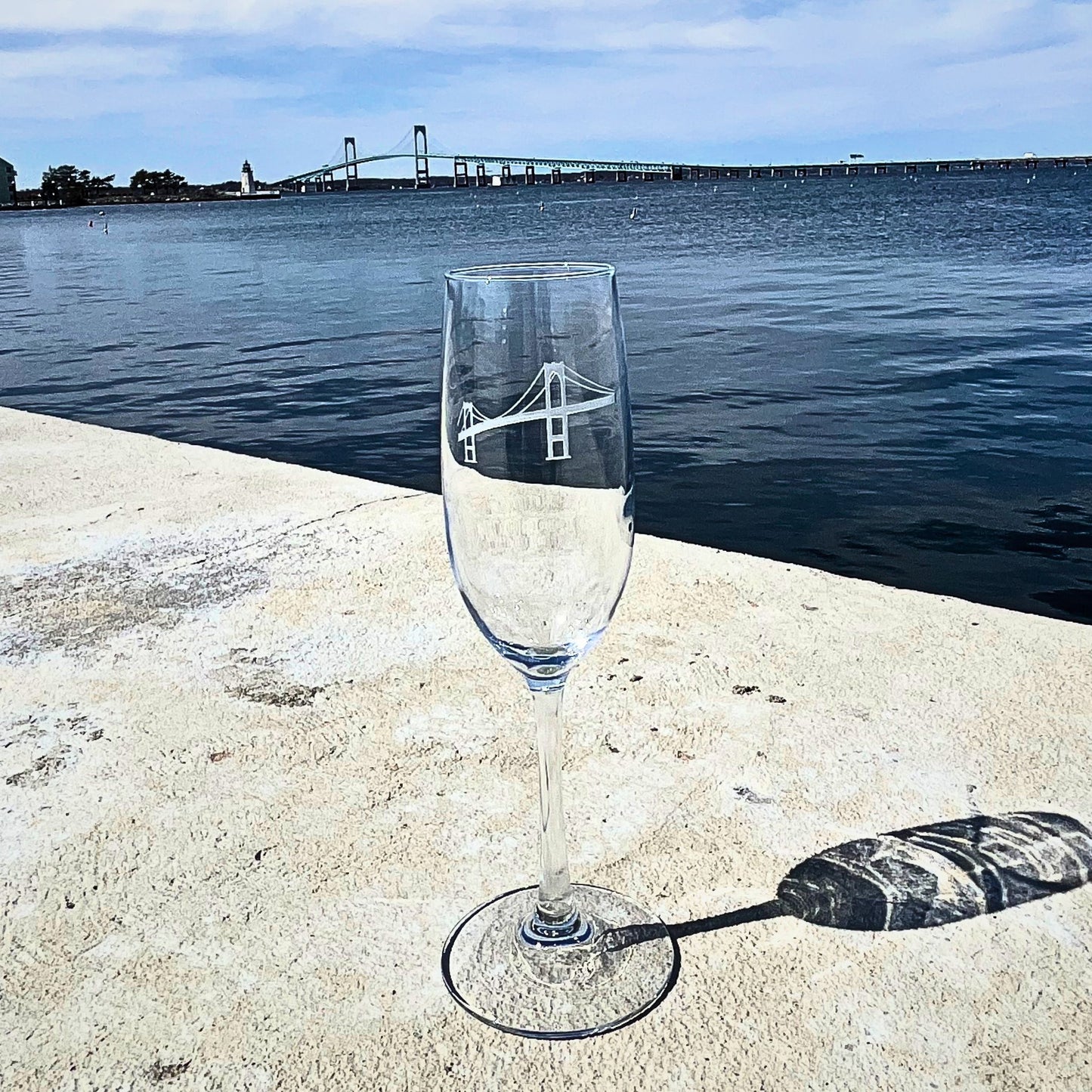 Newport, RI Pell Bridge Etched Flute Glass