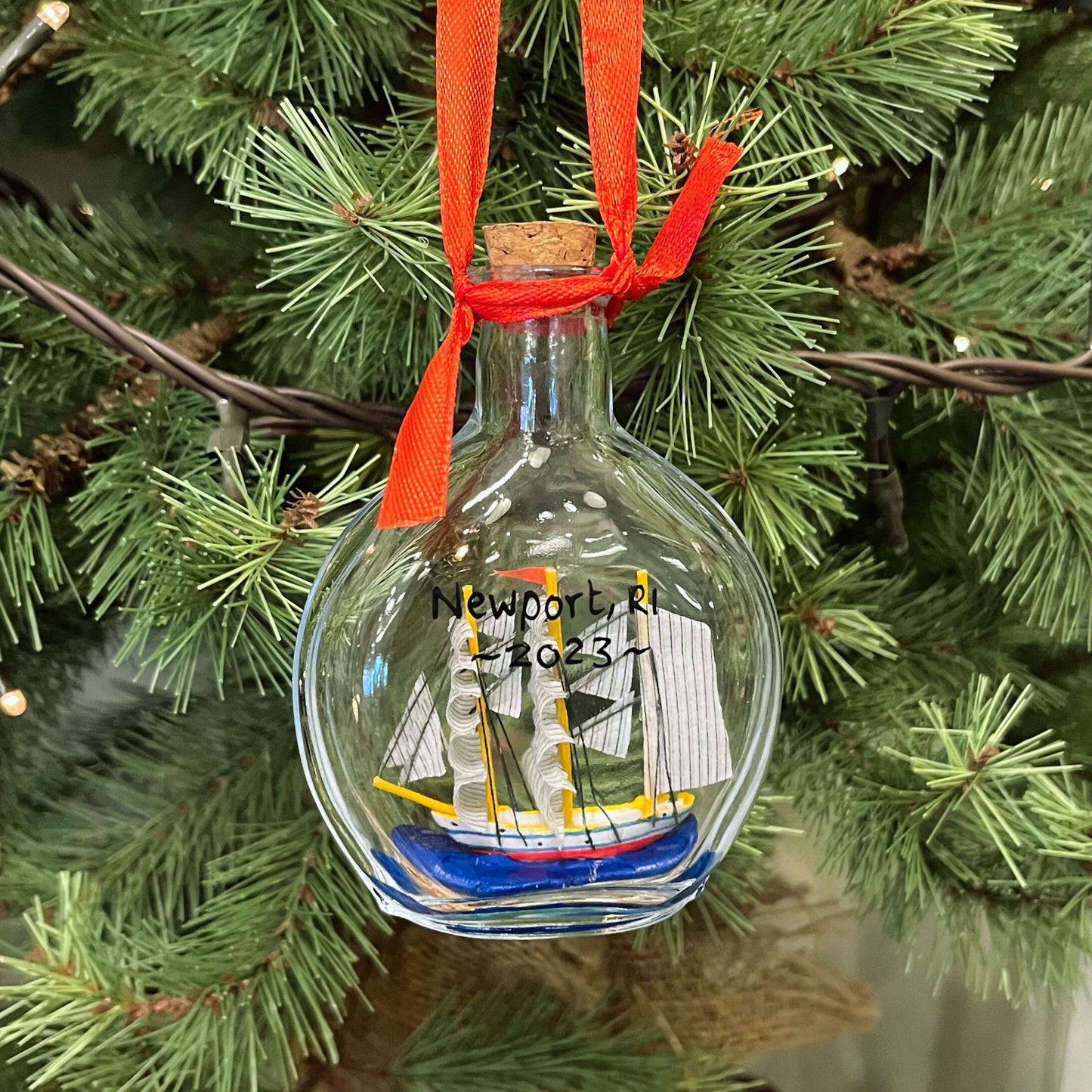 Newport, RI Boat in a Bottle Ornament