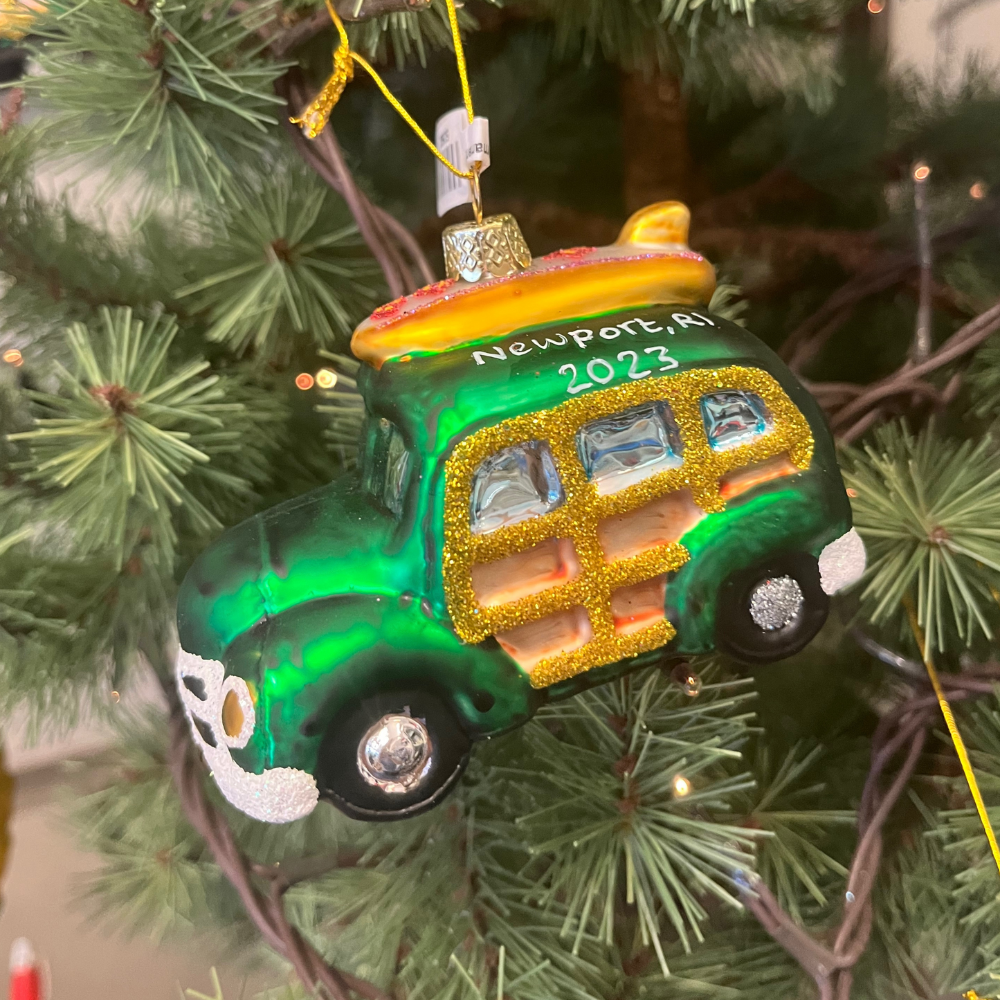 Newport, RI Surf Wagon Hand Blown Holiday Ornament