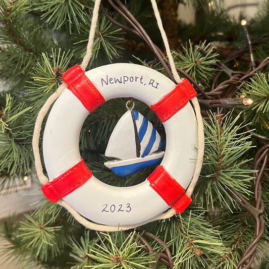 Newport, RI Life Preserver with a Sailboat Ornament