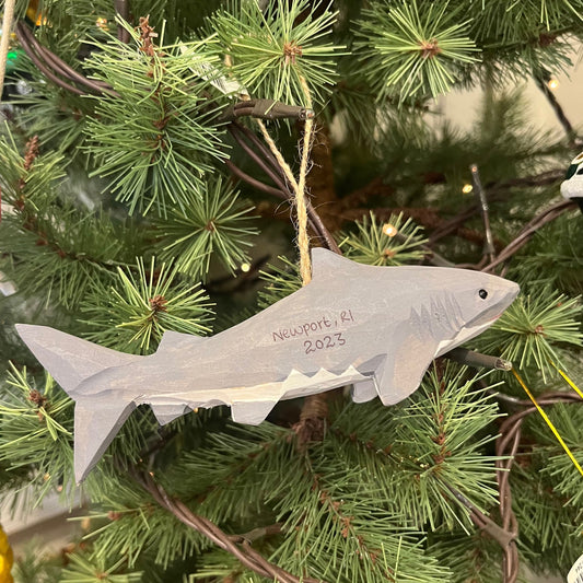 Newport, RI Great White Shark Carved Wooden Holiday Ornament