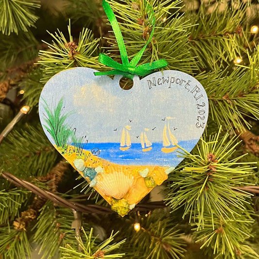 Newport, RI Wooden Sea Glass Heart Ornament