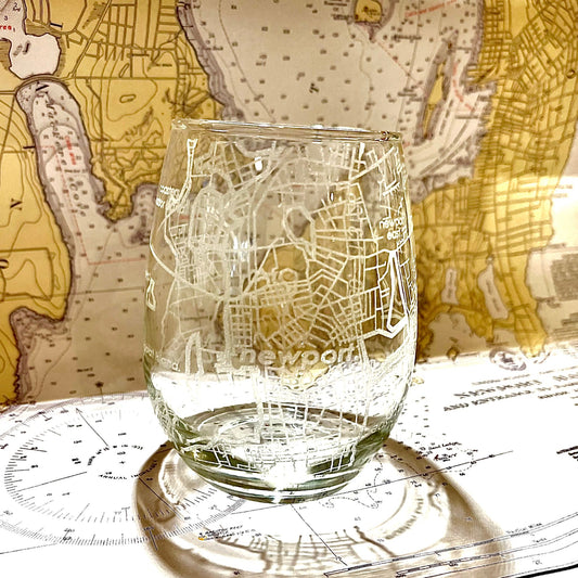 Newport, RI Map Stemless Wine Glass