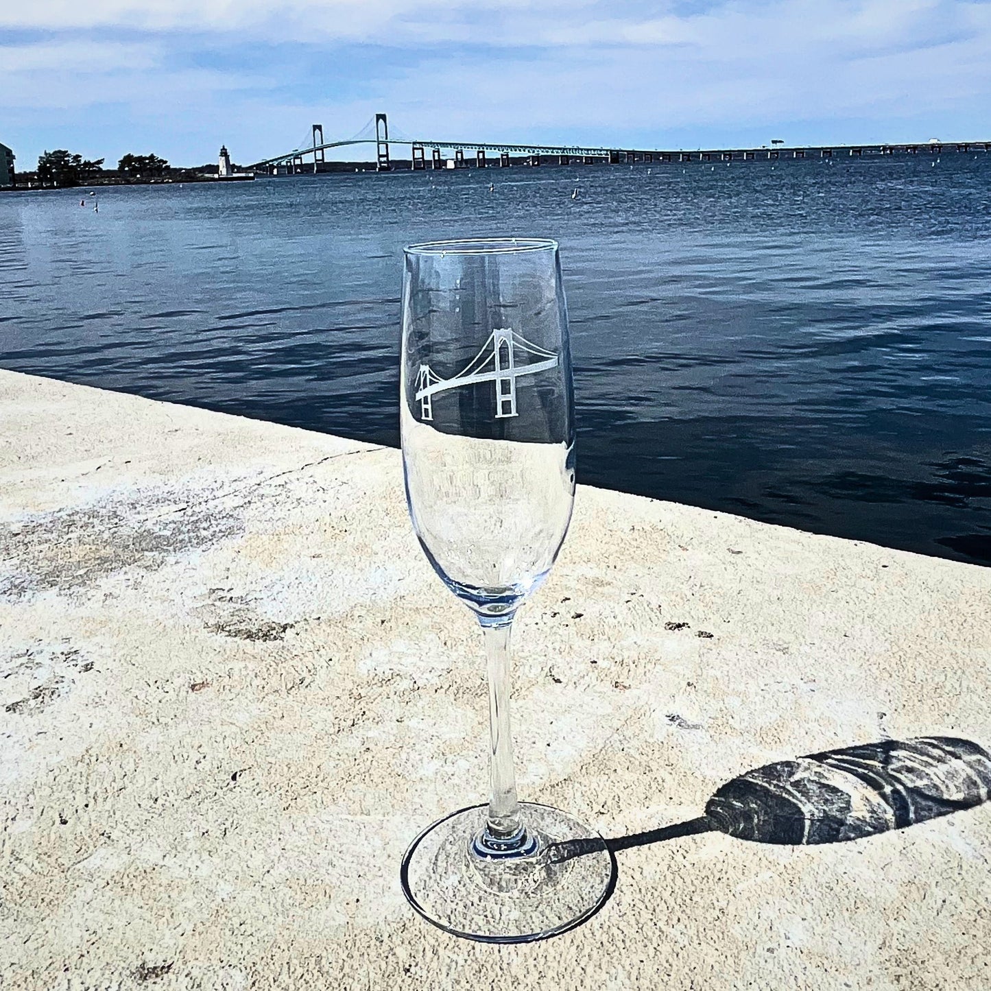 Newport, RI Pell Bridge Etched Flute Glass